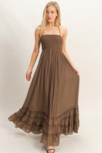 Chocolate Smocked Halter Open Back Maternity Maxi Dress