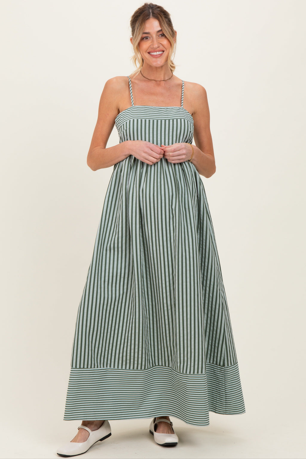 Olive Mixed Stripe Sleeveless Maternity Maxi Dress
