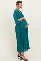 Teal Pleated V Neck Maternity Maxi Dress