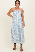 Light Blue Floral Sleeveless Maternity Midi Dress