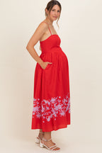 Red Floral Print Maternity Midi Dress