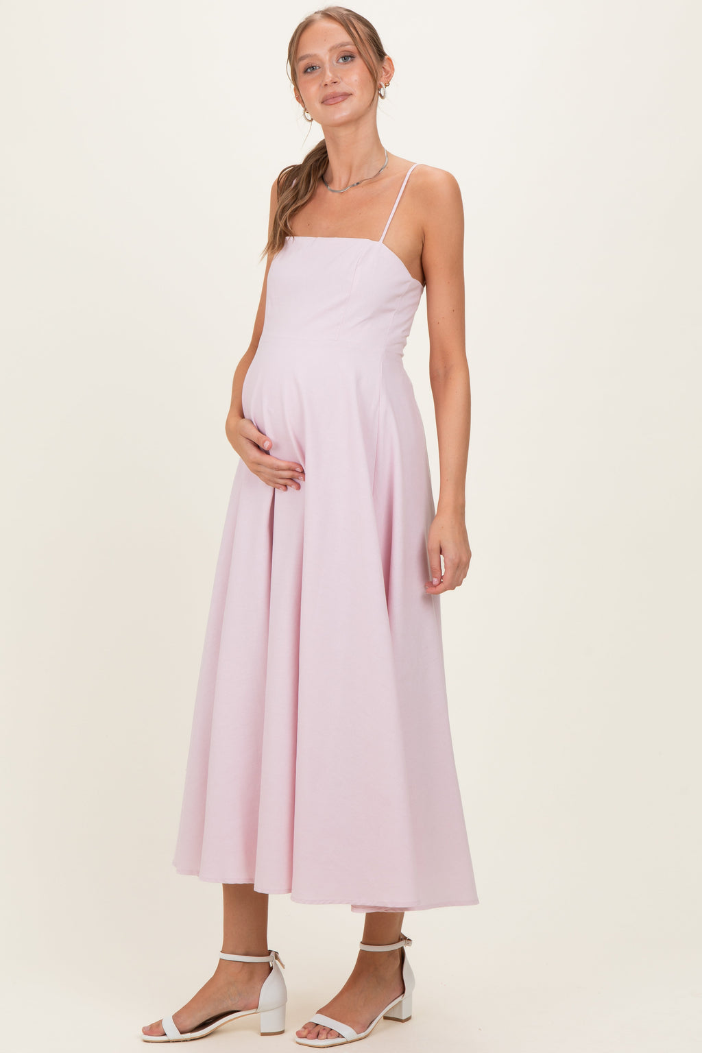 Light Pink Linen A-Line Flared Maternity Midi Dress