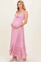 Pink Halter Neck Smocked Maternity Maxi Dress