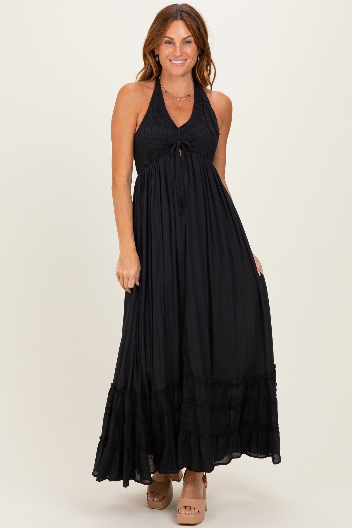 Black Halter Neck Smocked Maternity Maxi Dress