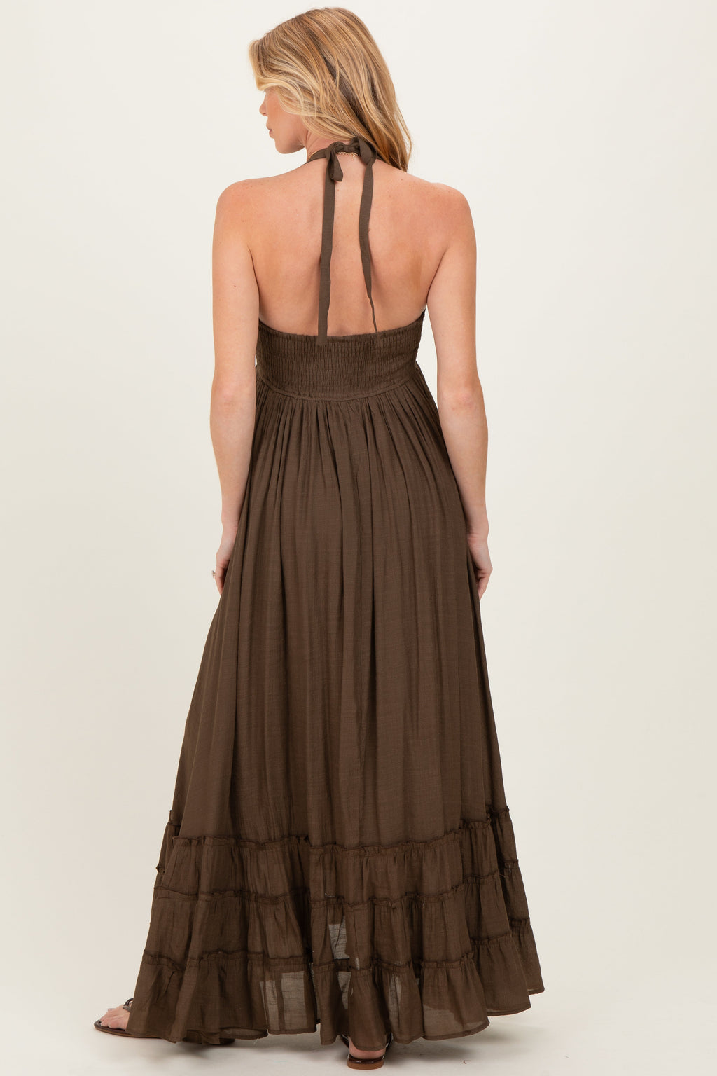 Brown Halter Neck Smocked Maternity Maxi Dress