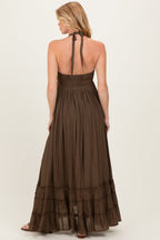 Brown Halter Neck Smocked Maternity Maxi Dress