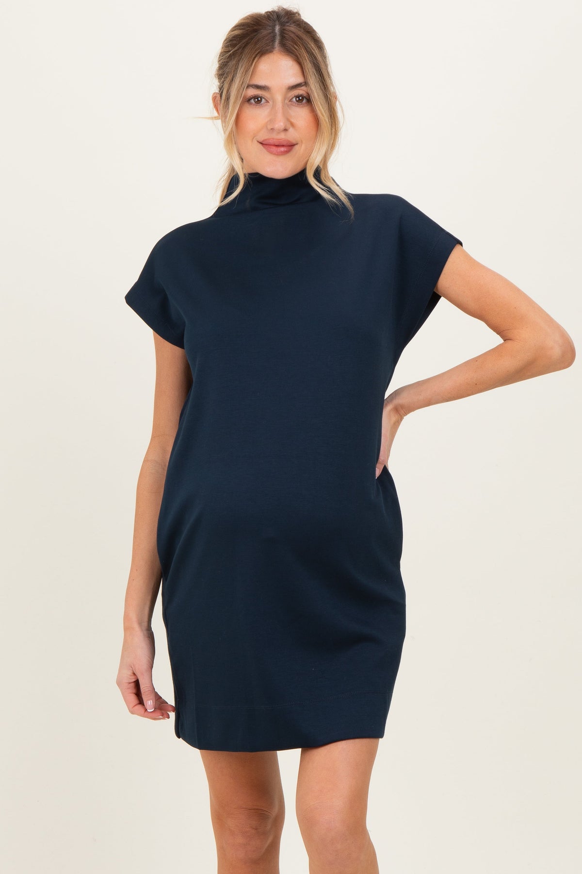 Navy Mock Neck Maternity Mini Dress