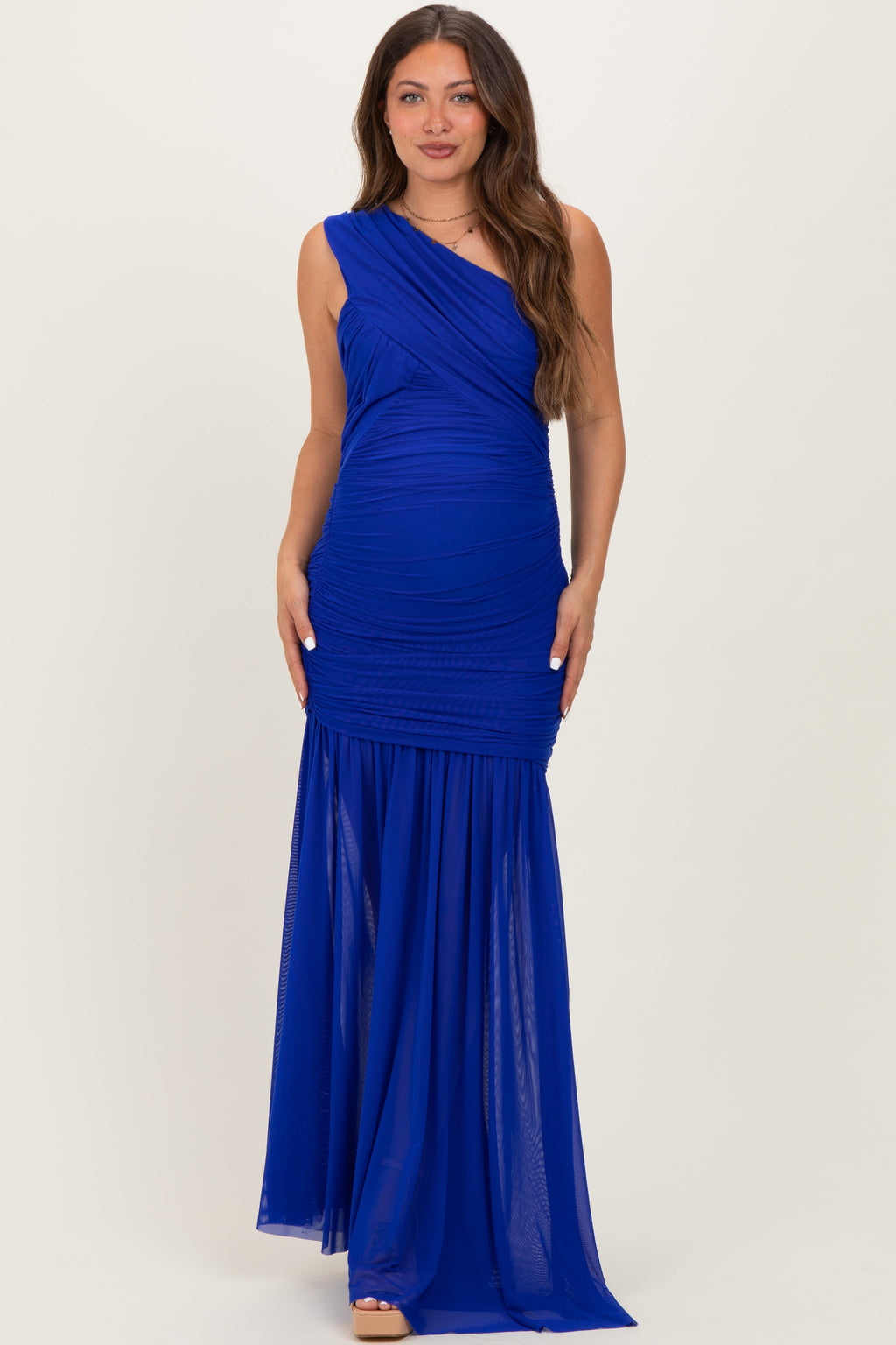 Royal Blue Ruched Mesh One Shoulder Maternity Maxi Dress