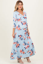 Sky Blue Floral Maternity Wrap Maxi Dress