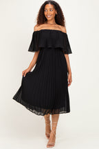Black Pleated Off Shoulder Flounce Maternity Midi Dress