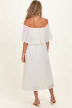 Cream Pleated Off Shoulder Flounce Maternity Midi Dress