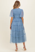 Blue Smocked Top Mesh Midi Dress