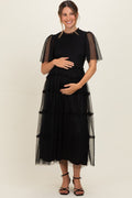 Black Smocked Top Mesh Midi Dress