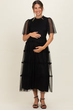 Black Smocked Top Mesh Midi Dress