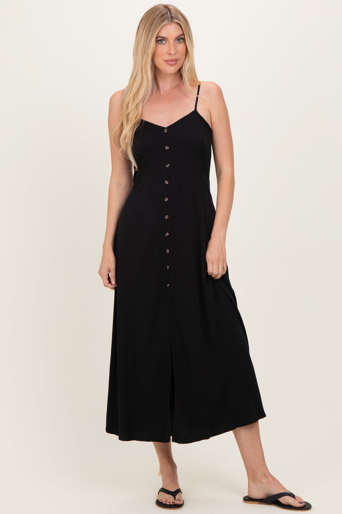 Black Button Accent Maternity Midi Dress