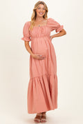 Rose Pink Open Back Ribbon Tie Maternity Maxi Dress