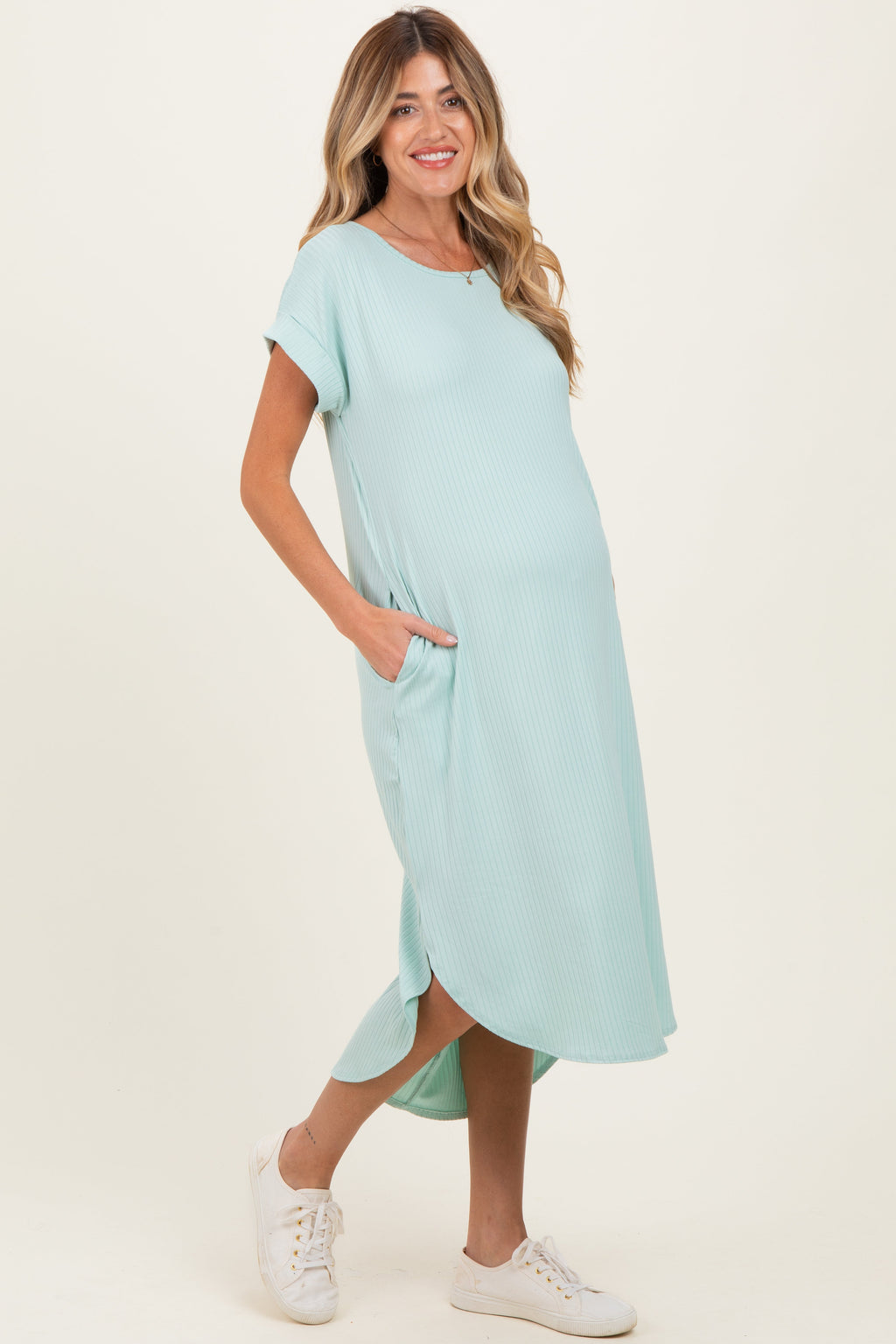 Mint Ribbed Curved Hem Maternity Midi Dress