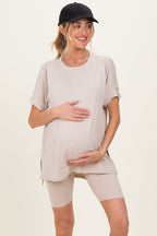 Sand Beige Hi-Low Short Sleeve Tee Biker Short Maternity Set