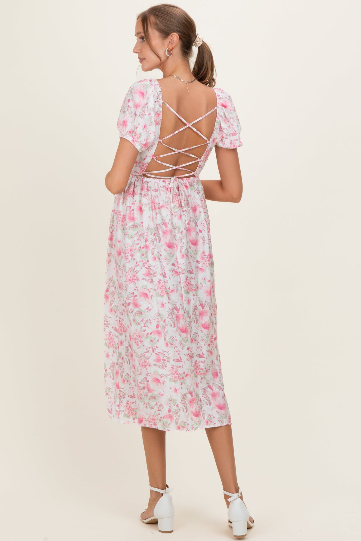 Pink Floral Crisscross Back Maternity Midi Dress