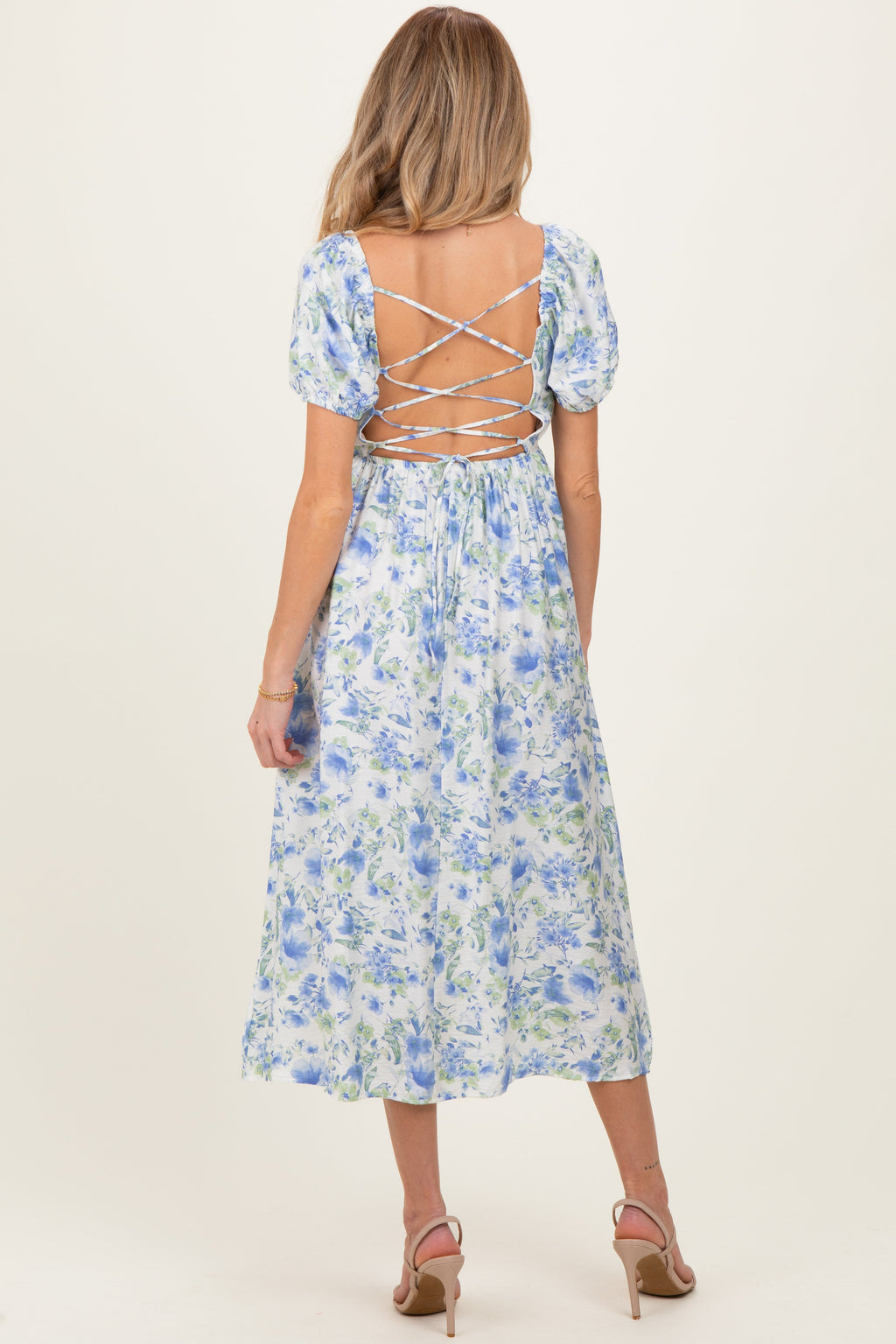 Blue Floral Crisscross Back Maternity Midi Dress