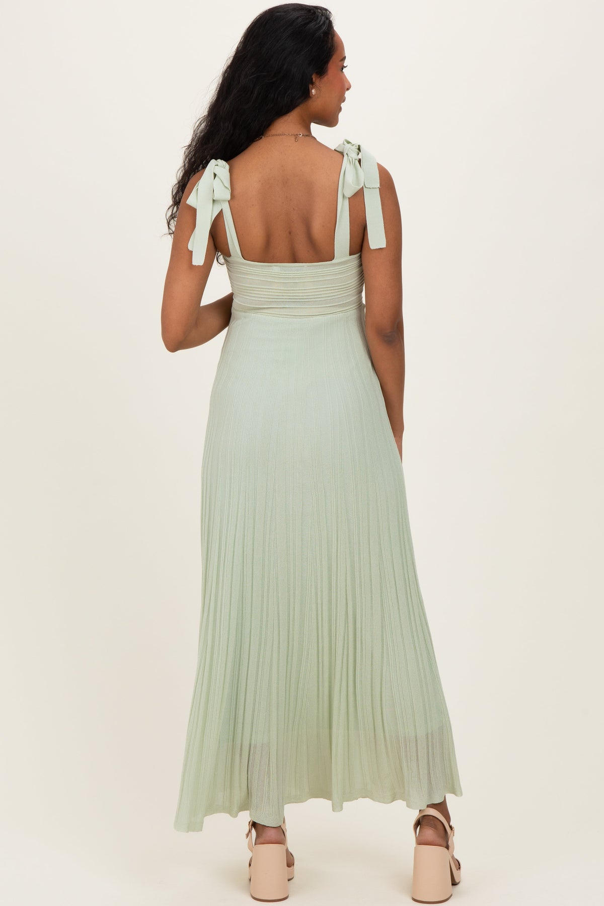 Sage Textured Knit Shoulder Tie Maternity Midi Dress