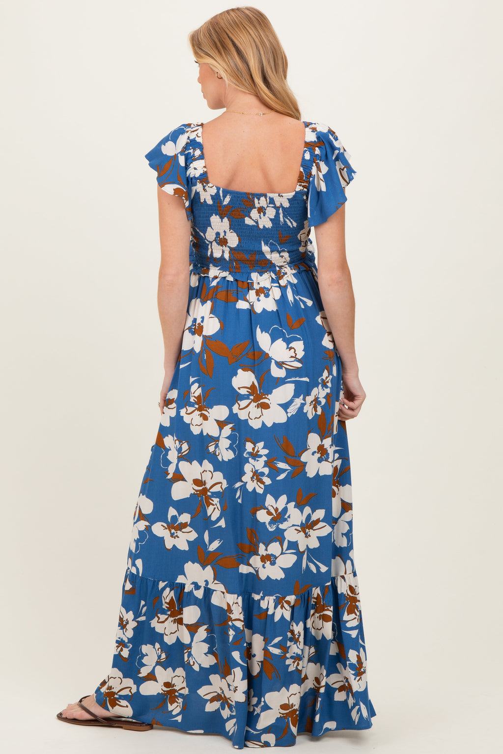 Blue Floral Cinched Smocked Maternity Maxi Dress