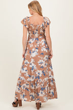 Mocha Floral Cinched Smocked Maternity Maxi Dress