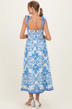 Blue Damask Shoulder Tie Maternity Midi Dress