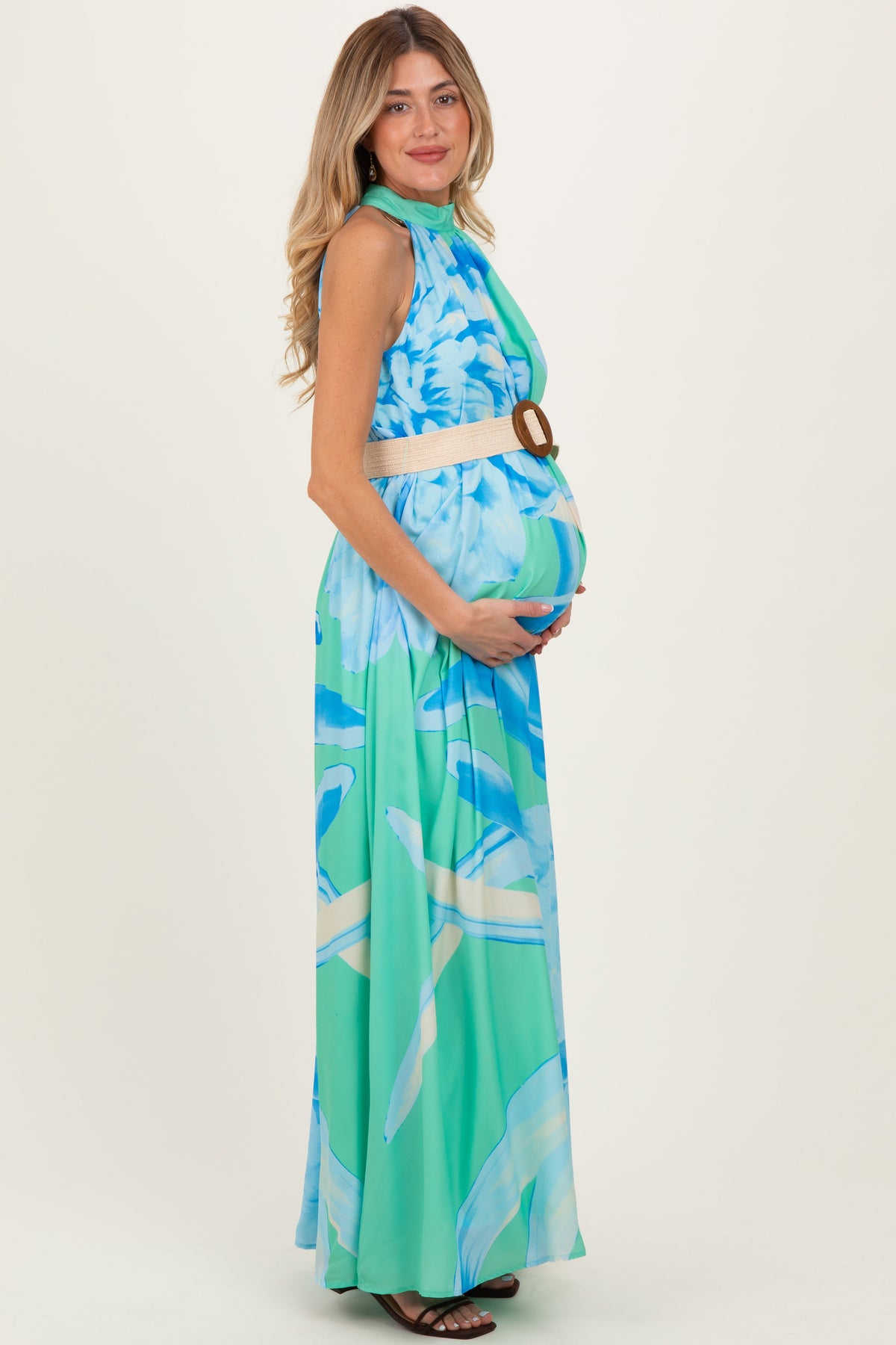 Mint Floral Chiffon Halter Maternity Maxi Dress
