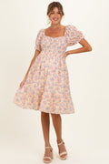 Peach Floral Sweetheart Neck Smocked Maternity Midi Dress