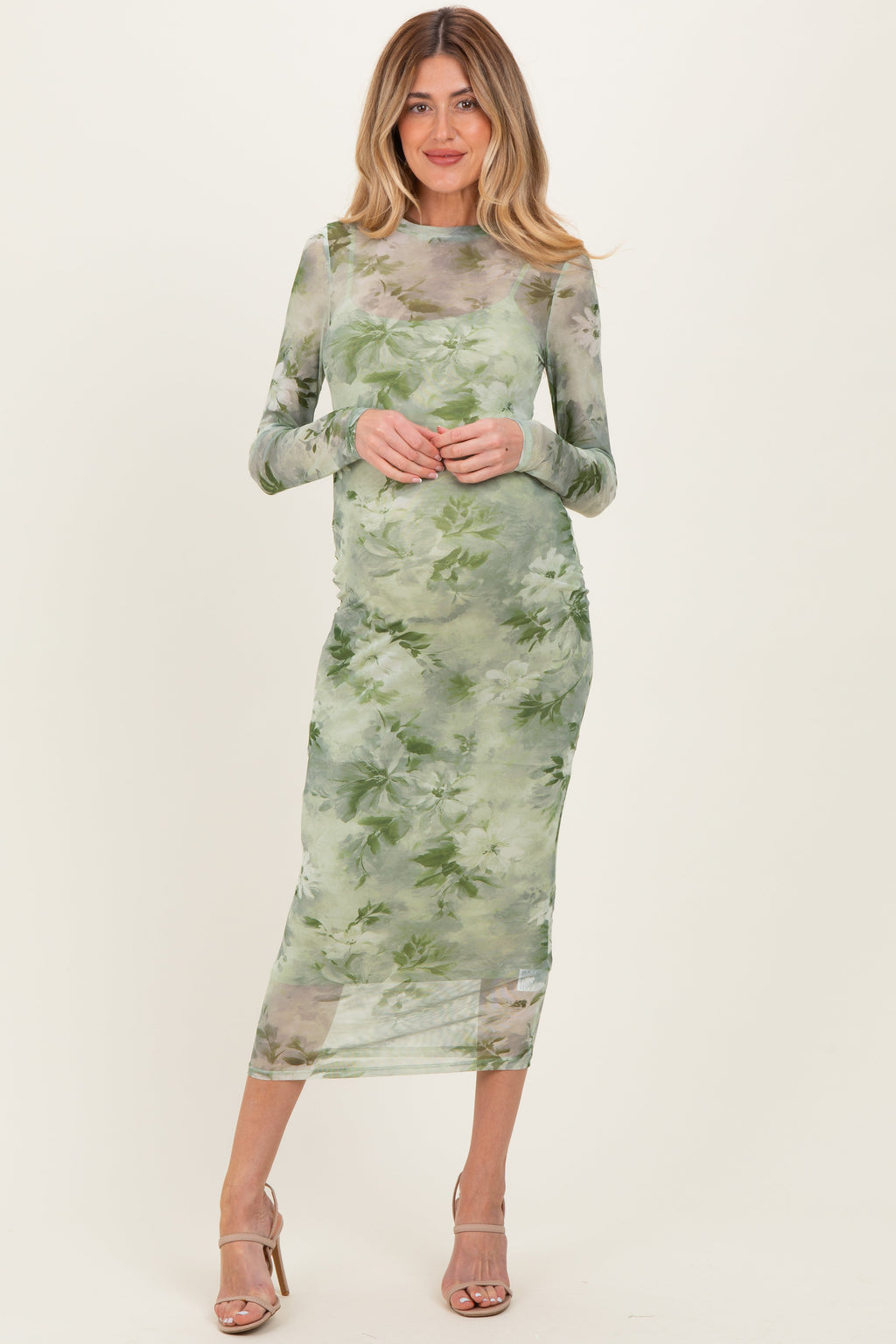 Light Olive Floral Mesh Overlay Maternity Maxi Dress