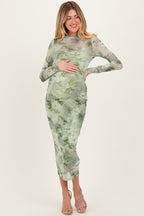 Light Olive Floral Mesh Overlay Maternity Maxi Dress