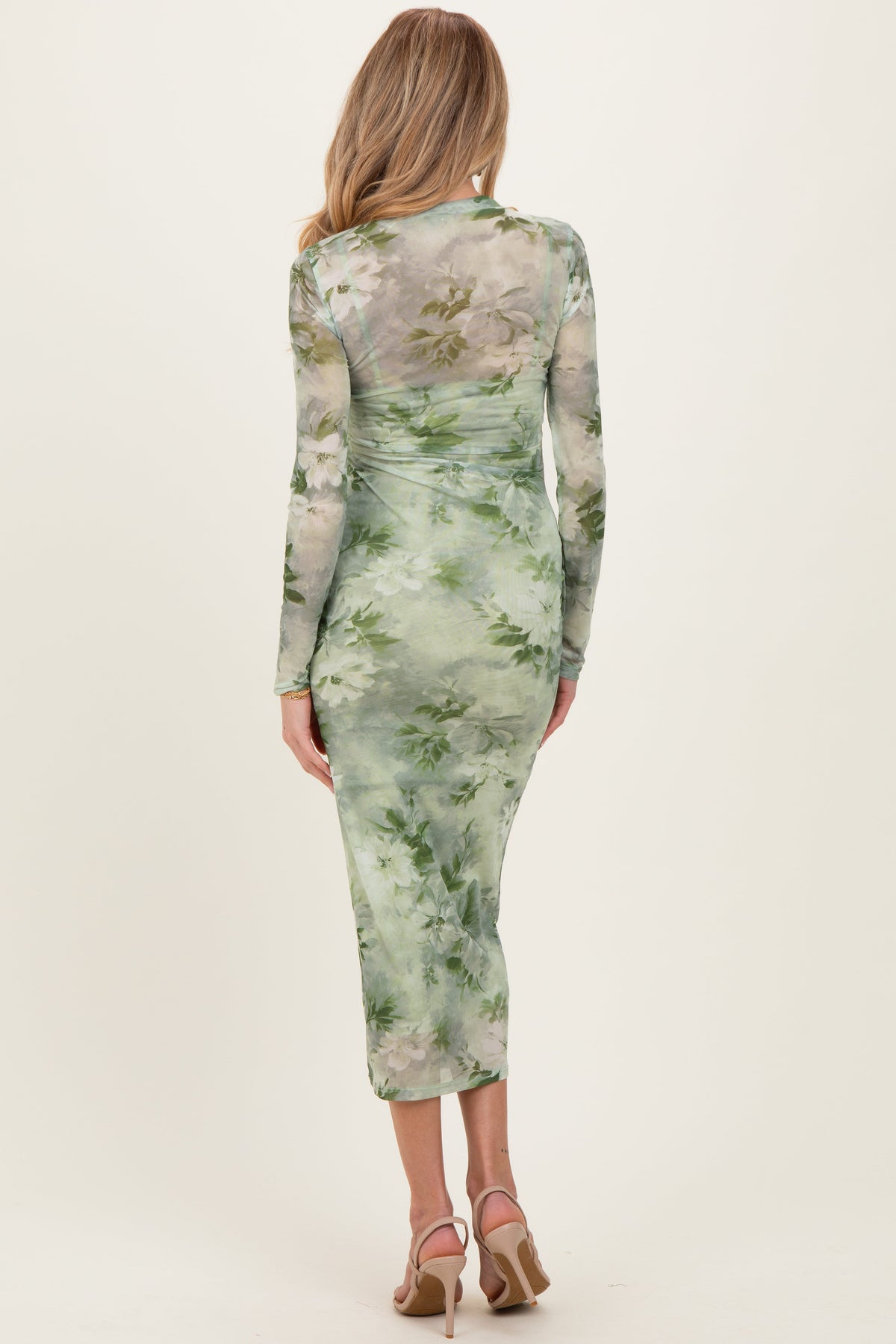 Light Olive Floral Mesh Overlay Maternity Maxi Dress