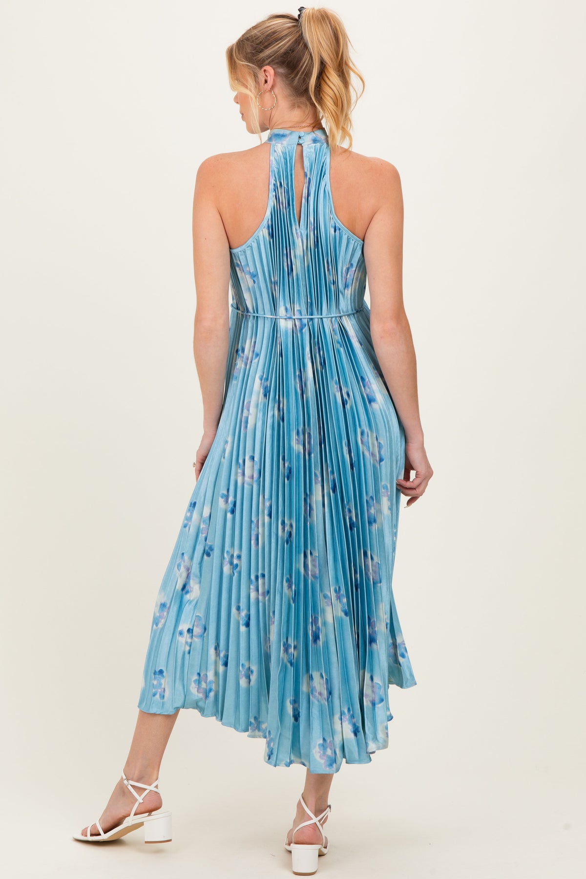 Light Blue Floral Pleated Halter Maternity Midi Dress