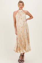 Yellow Floral Pleated Halter Maternity Midi Dress