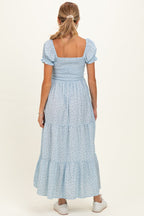 Light Blue Tiny Floral Smocked Puff Sleeve Maternity Maxi Dress