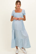 Light Blue Tiny Floral Smocked Puff Sleeve Maternity Maxi Dress