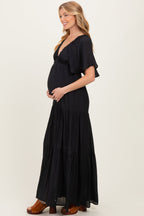 Black Flutter Sleeve Maternity Maxi Dress