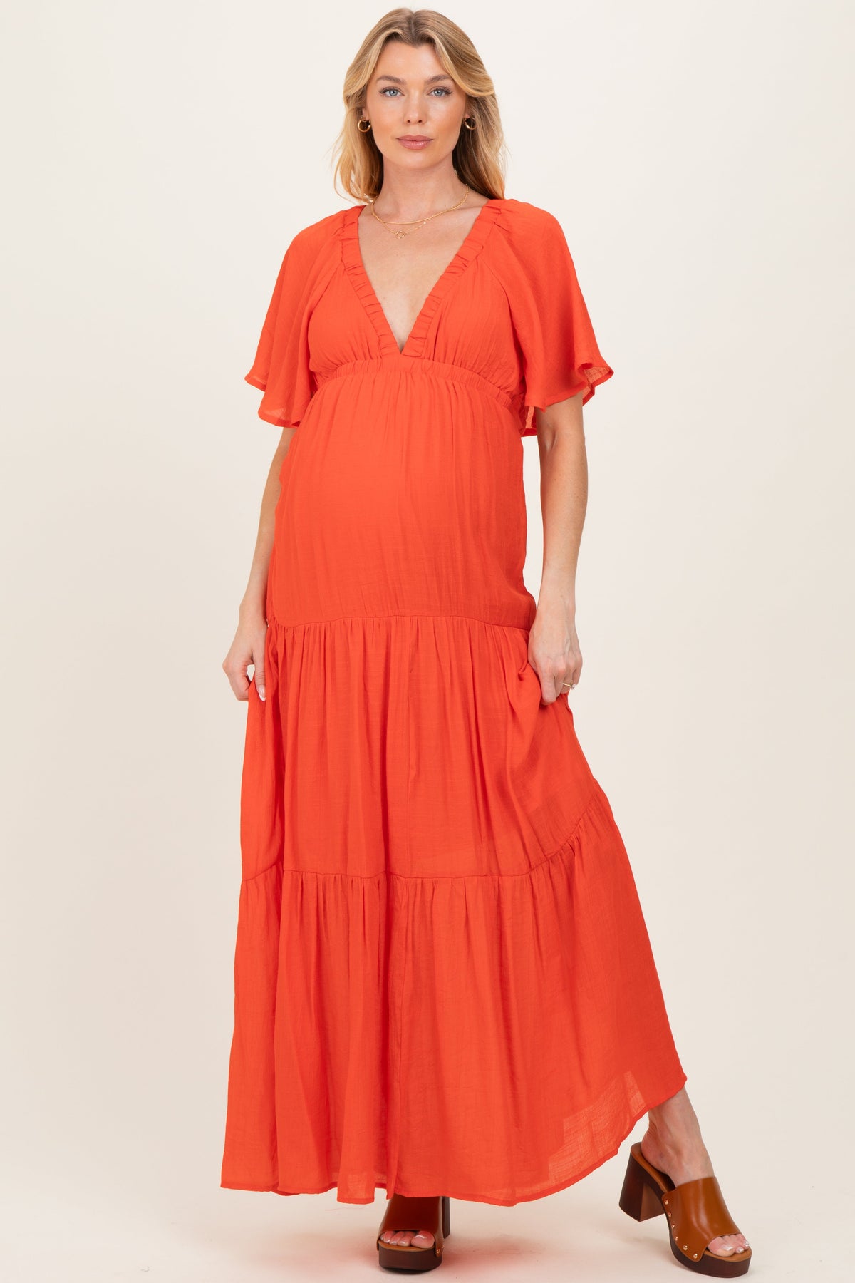 Orange Flutter Sleeve Maternity Maxi Dress