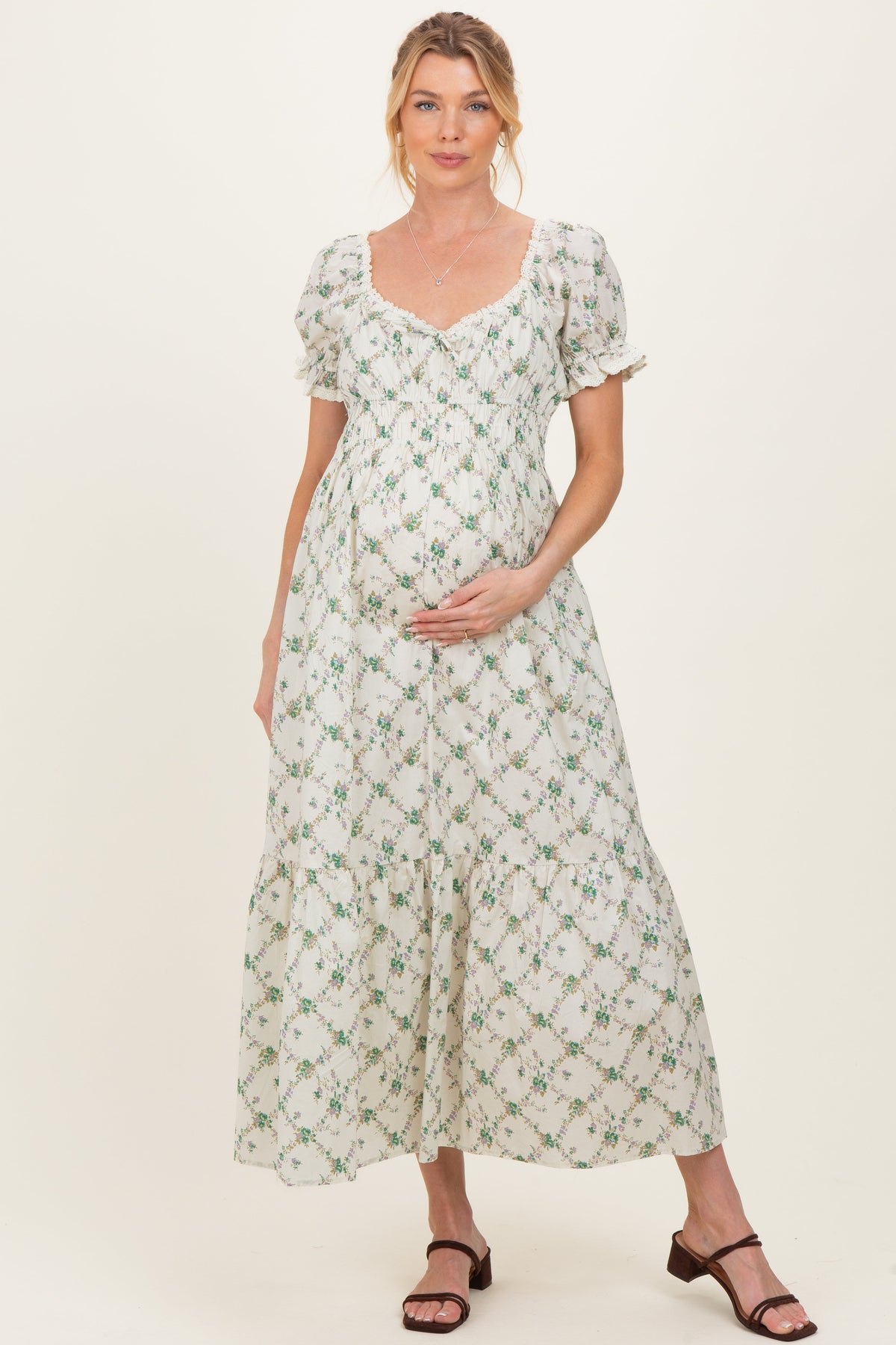 Green Floral Smocked Maternity Maxi Dress