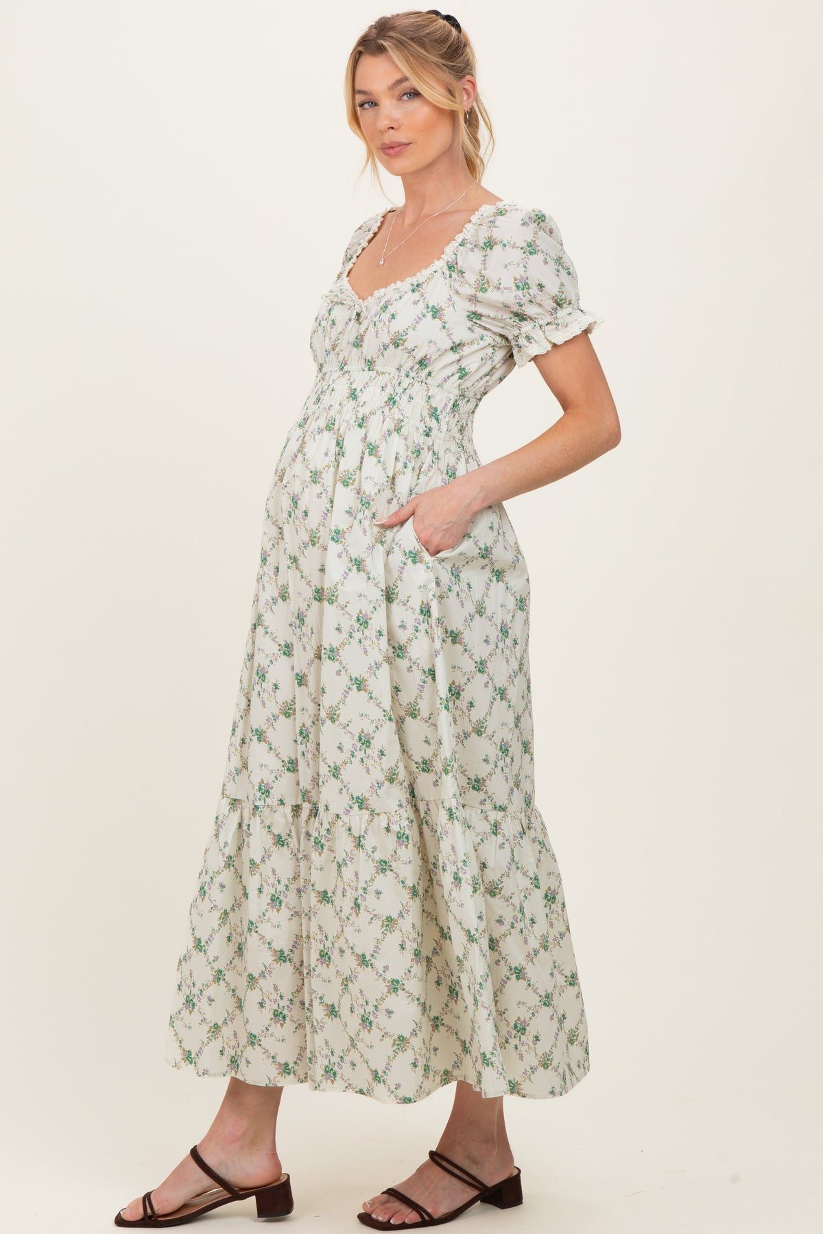 Green Floral Smocked Maternity Maxi Dress