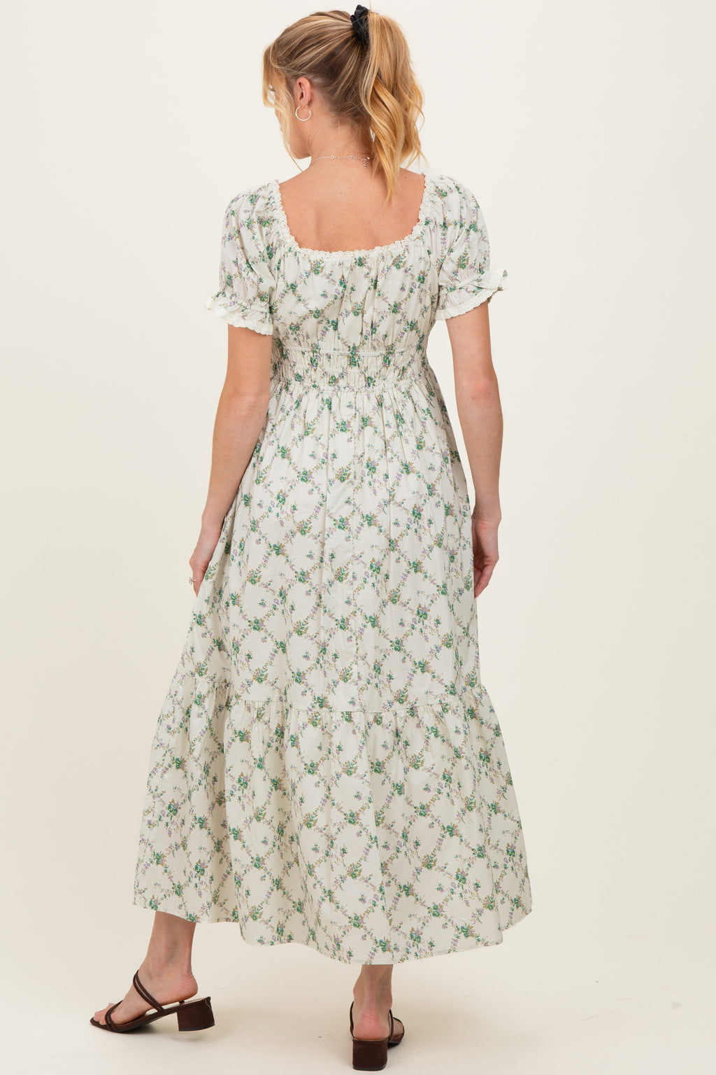Green Floral Smocked Maternity Maxi Dress