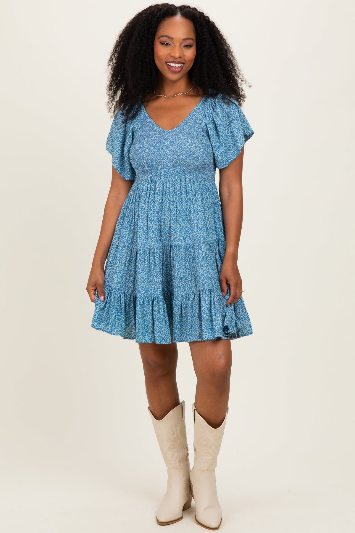 Blue V Neck Smocked Bust Short Sleeve Short Maternity  Dress