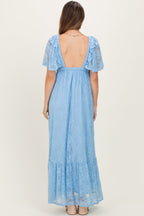 Light Blue Lace Flutter Sleeve Tiered Maternity Maxi Dress