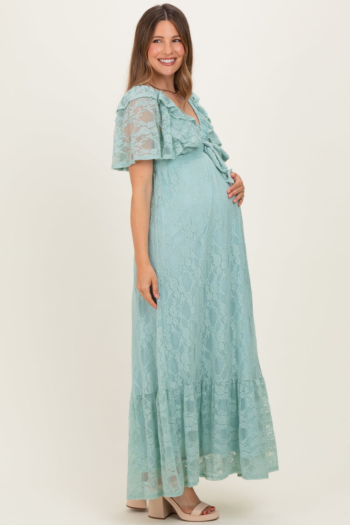Sage Aqua Lace Flutter Sleeve Tiered Maternity Maxi Dress