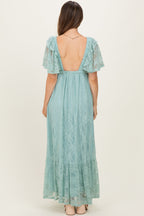 Sage Aqua Lace Flutter Sleeve Tiered Maternity Maxi Dress