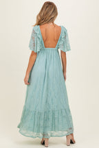 Sage Aqua Lace Flutter Sleeve Tiered Maternity Maxi Dress