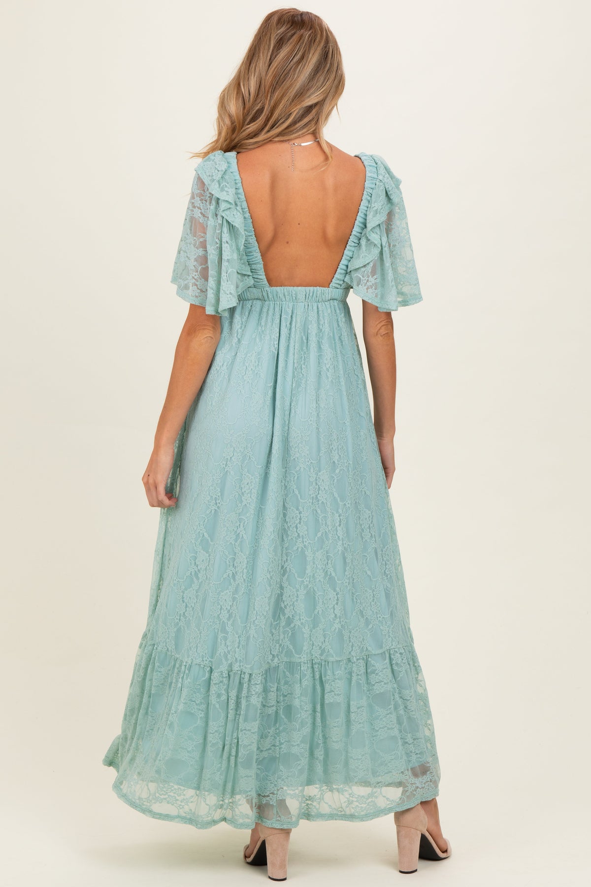 Sage Aqua Lace Flutter Sleeve Tiered Maternity Maxi Dress