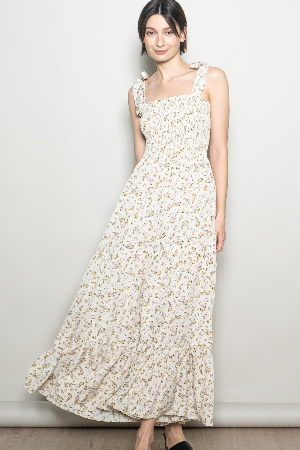 Cream Floral Shoulder Tie Maternity Maxi Dress