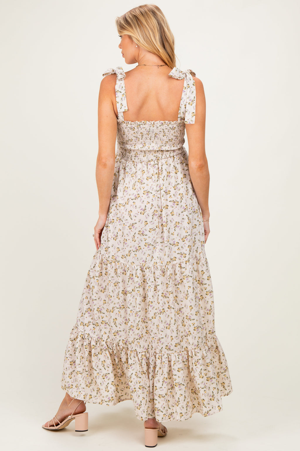 Cream Floral Shoulder Tie Maternity Maxi Dress